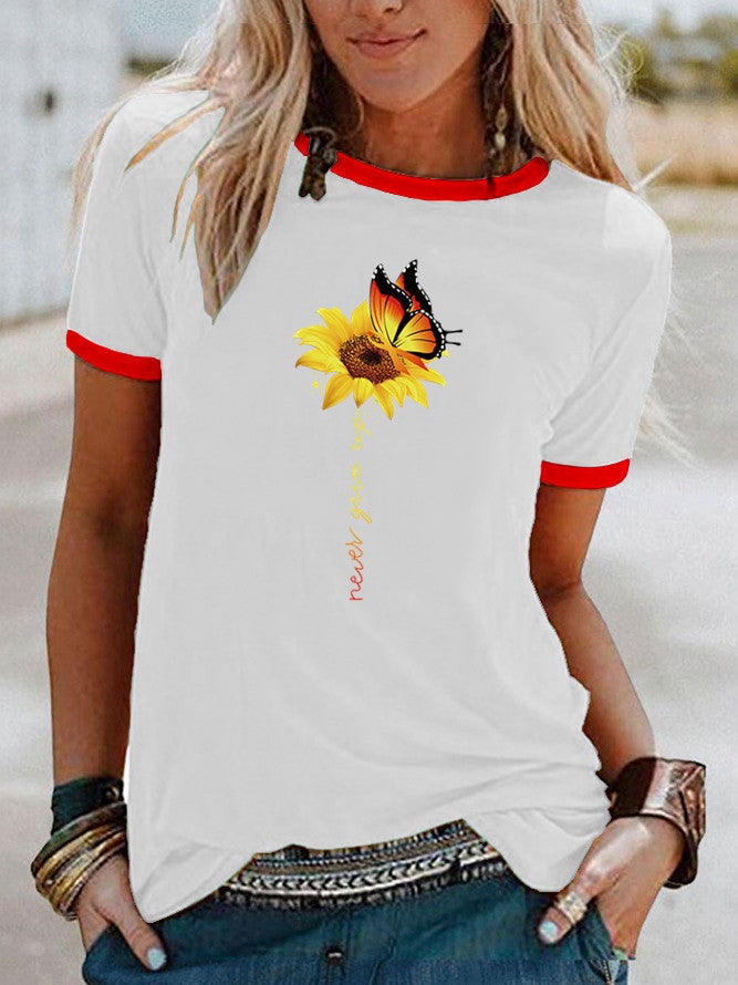 Wish Butterfly Sunflower Pattern Printed Contrast Short Sleeve T-Shirt - Image 1