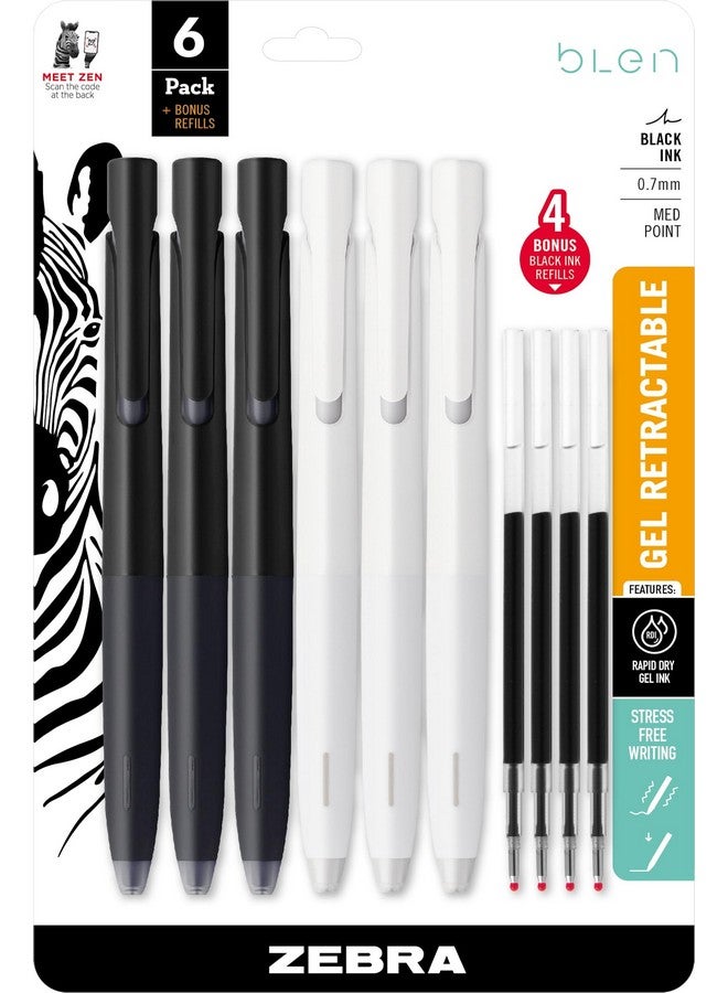 Zebra Pen bLen Retractable Gel Pen, Black and White Barrel, Medium Point, 0.7mm, Black Ink, 6-Pack with 4 Refills (41416) (Pack of 1,10 Count Total) - Image 1