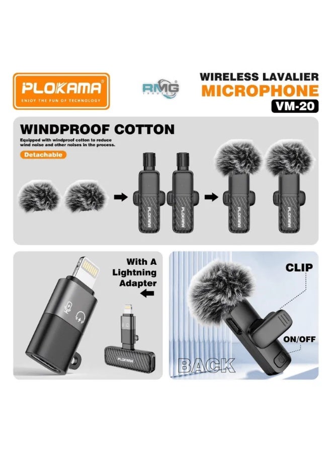 التخطيط ميكروفون لافالير لاسلكي مزدوج Plokama VM-20  - صوت احترافي؛ عزل ضوضاء ENC؛ مدى 25م؛ Plug & Play - Image 5