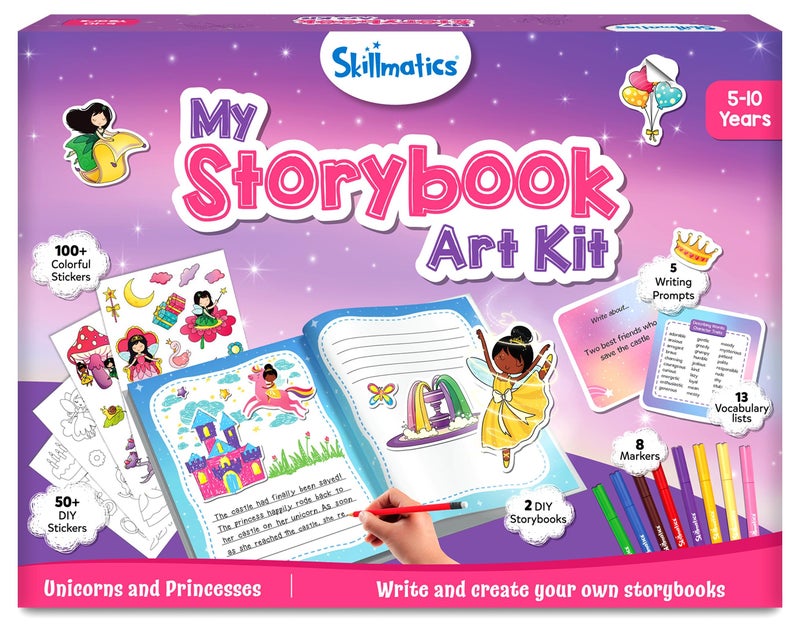 Skillmatics طقم فن القصص - طقم فن اليونيكورن والأميرات للأطفال، اكتب وابتكر قصص الخيال، نشاط إبداعي للبنات والأولاد، طقم افعلها بنفسك، أكثر من 300 ملصق، هدايا للأعمار 5، 6، 7، 8، 9، 10 - Image 1