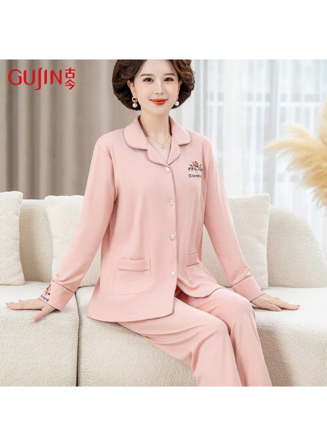 Gujin 100% Cotton Pajamas For Middle-aged And Elderly Women, Spring And Autumn Loungewear, Plus Size Sleepwear Set For Grandmothers, 2XL