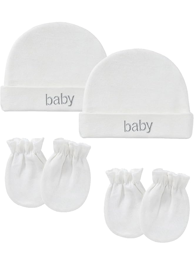 Duomama Newborn Baby Hat And Mitten Set 2 White Cotton Hats With 2 Pairs Of Scratch Free Gloves For Infants 0 6 Months Essential Baby Accessories For Cozy Comfort And Protection - Image 1
