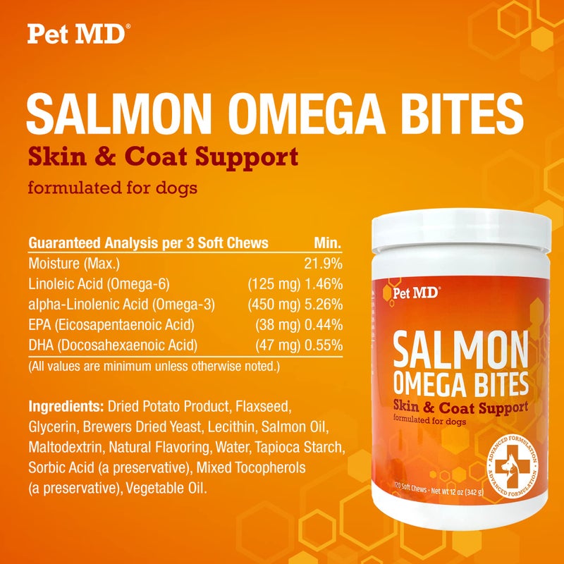 Pet MD Salmon Omega Bites for Dogs - Skin and Coat Supplement with Omega 3 & 6 for Dogs Plus DHA & EPA - Promotes Allergy & Dry Skin Relief - 120 ct - Image 4