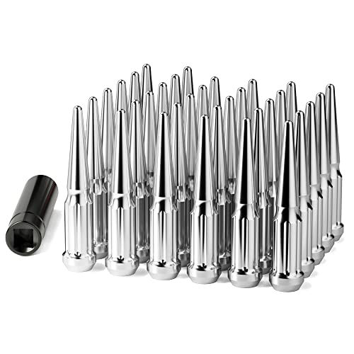 M14x15 Spike Lug Nuts Set of 32 Chrome Spline Spiked Lug Nut with Key for Chevy Silverado 2500hd 3500hd GMC Sierra Yukon Dodge Ram 2500 3500 Ford F250 F350 14x15 Acorn Solid Metal Truck LugNut
