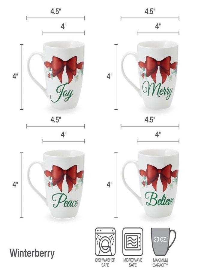 Pfaltzgraff Winterberry Holiday Mug Set of 4 Porcelain Christmas Drinkware Coffee Cups with Joy, Merry, Believe, Peace Sentiments and Red Bows, 20 Ounce - Image 2