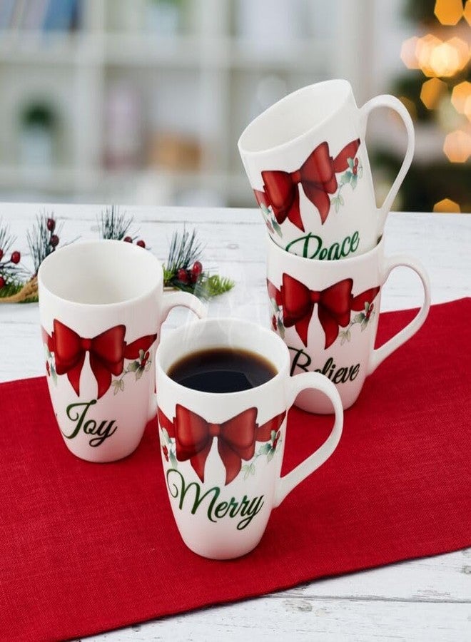 Pfaltzgraff Winterberry Holiday Mug Set of 4 Porcelain Christmas Drinkware Coffee Cups with Joy, Merry, Believe, Peace Sentiments and Red Bows, 20 Ounce - Image 4