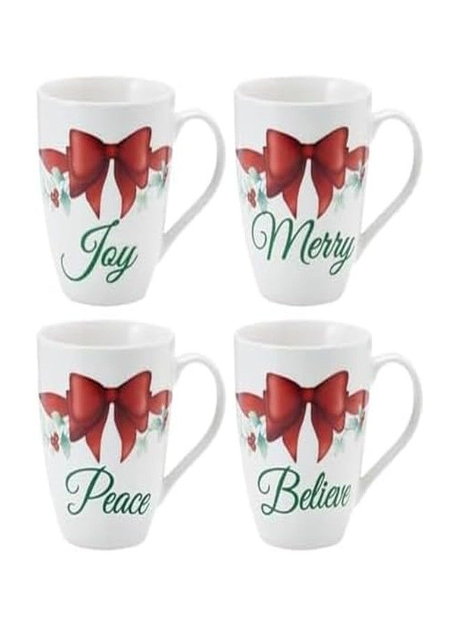 Pfaltzgraff Winterberry Holiday Mug Set of 4 Porcelain Christmas Drinkware Coffee Cups with Joy, Merry, Believe, Peace Sentiments and Red Bows, 20 Ounce - Image 1