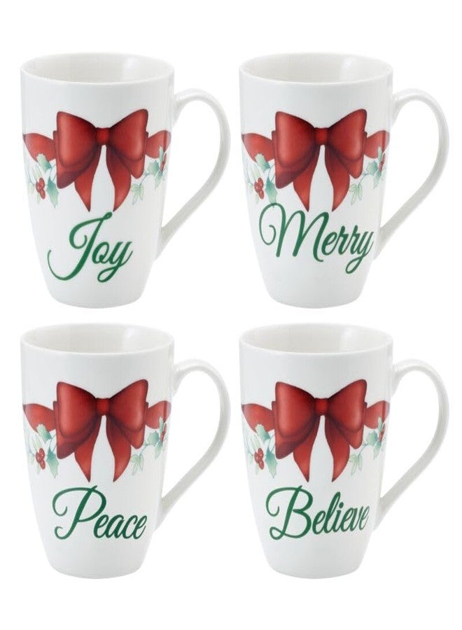 Pfaltzgraff Winterberry Holiday Mug Set of 4 Porcelain Christmas Drinkware Coffee Cups with Joy, Merry, Believe, Peace Sentiments and Red Bows, 20 Ounce - Image 5