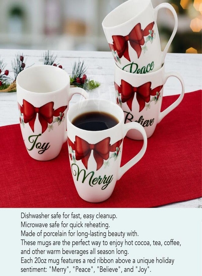 Pfaltzgraff Winterberry Holiday Mug Set of 4 Porcelain Christmas Drinkware Coffee Cups with Joy, Merry, Believe, Peace Sentiments and Red Bows, 20 Ounce - Image 3