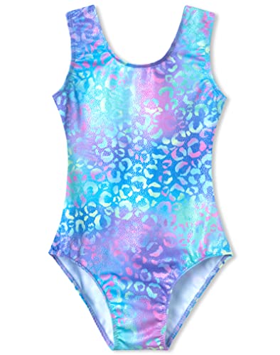 Domusgo Gymnastics Leotards for Girls 5-6 Years Old Green Purple Leopard Sparkly One Piece Tumbling Outfits - Image 1