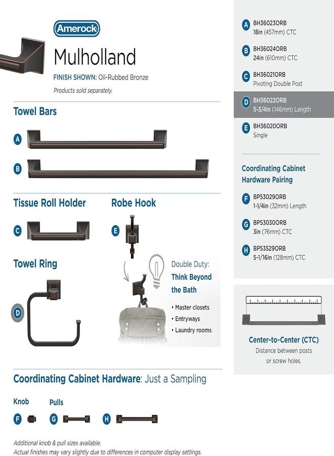Amerock BH36022ORB | Oil Rubbed Bronze Towel Ring | 5-3/4 in (146 mm) Length Towel Holder | Mulholland | Hand Towel Holder for Bathroom Wall | Small Kitchen | Bath Accessories - Image 4