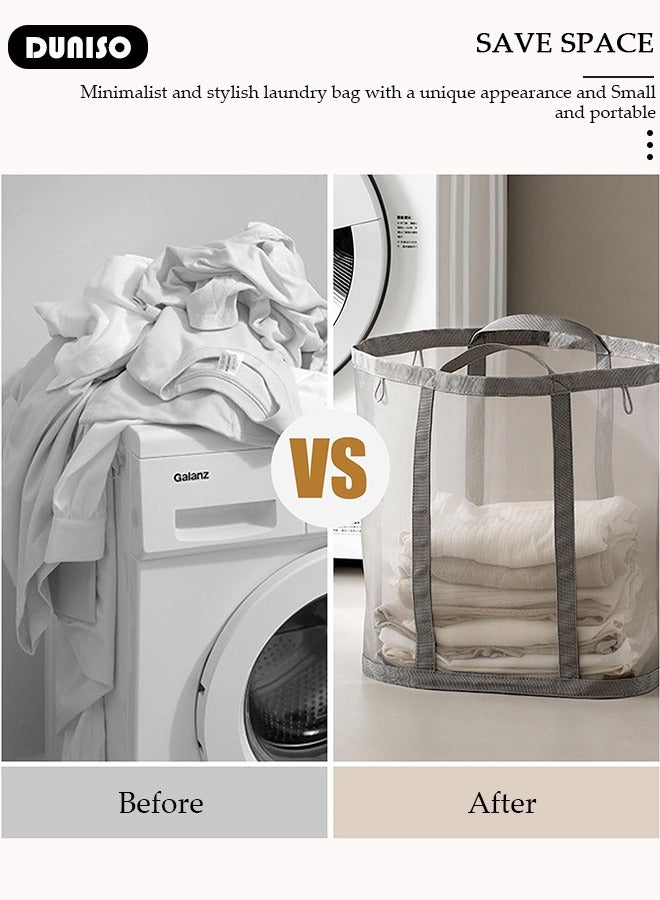 DUNISO Mesh Laundry Basket Foldable, Home Collapsible Clothes Washing Laundry Hamper with Handle, Portable Mesh Washing Laundry Bin Organizer Grid Dirty Clothes Storage Laundry Bag for Bathroom, Storage  - Image 3