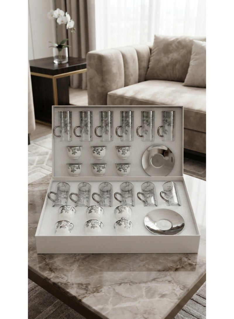 *24-Piece Glass Tea Cups & Ceramic Coffee Cups Set with Stainless Steel Saucers* - Image 2