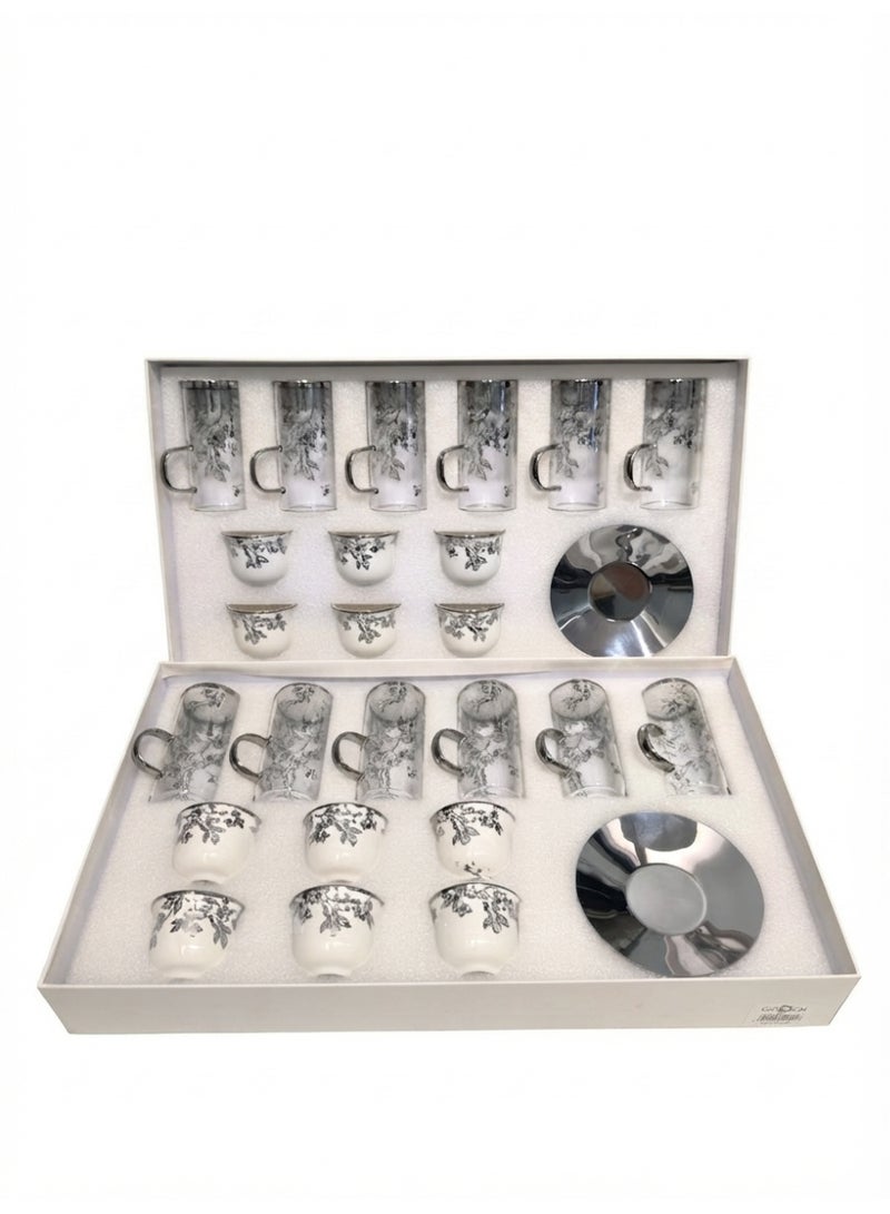 *24-Piece Glass Tea Cups & Ceramic Coffee Cups Set with Stainless Steel Saucers* - Image 1