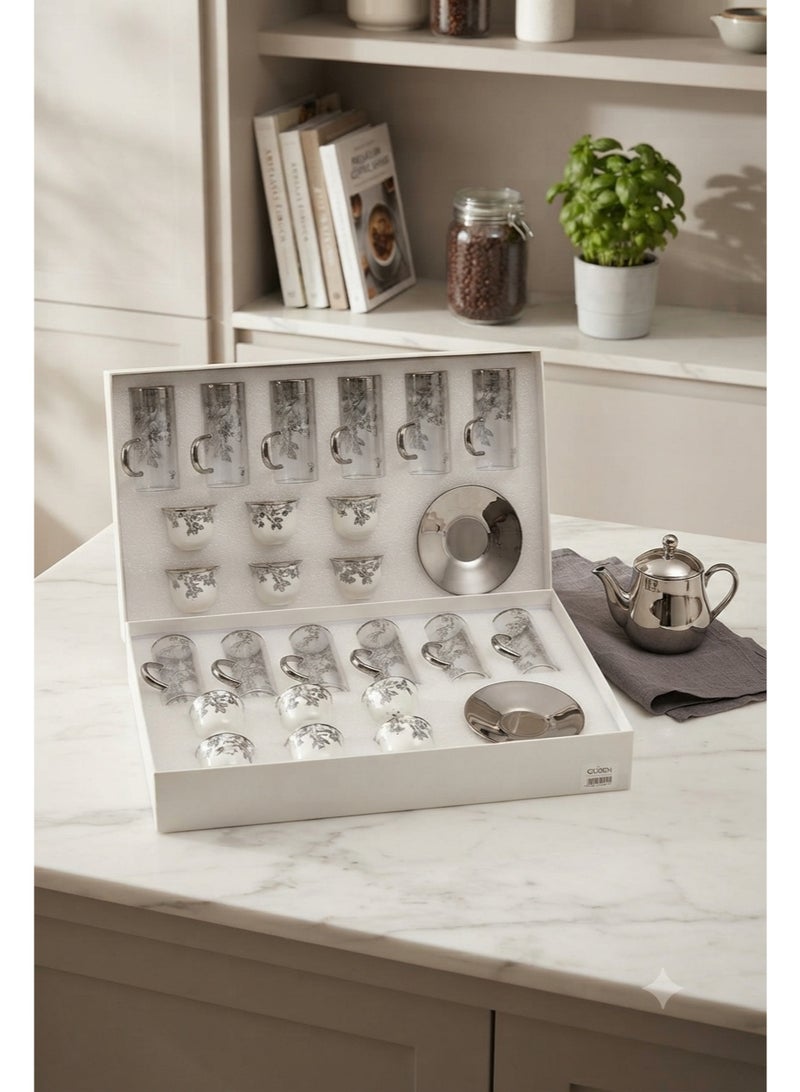 *24-Piece Glass Tea Cups & Ceramic Coffee Cups Set with Stainless Steel Saucers* - Image 3