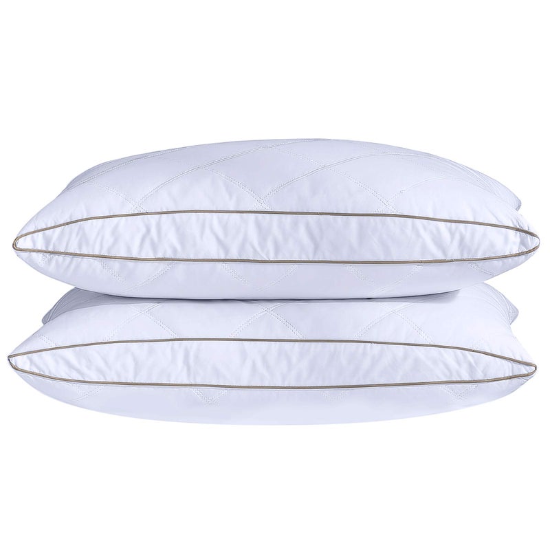 puredown Natural Goose Down Feather Pillows for Sleeping Oval Gusseted Down Feather Pillow 100 Cotton Pillow Cover with Leaf Quilting Queen Set of 2