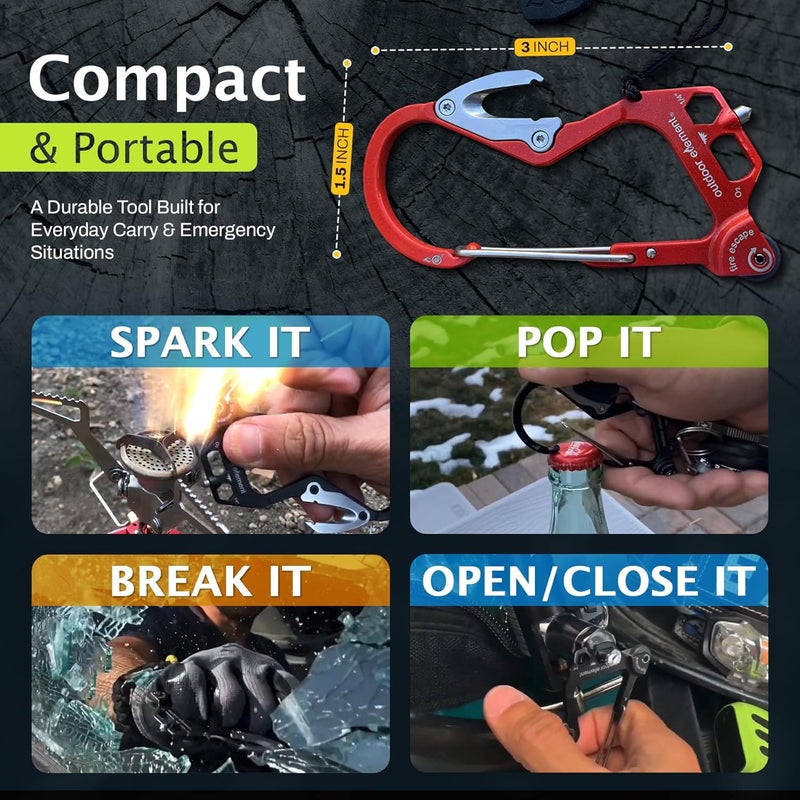 OUTDOOR ELEMENT Fire Escape, Emergency Escape Tool, Seatbelt Cutter, Window Breaker, Multi Tool, Fire Starter, Carabiner, and Much More - Image 5