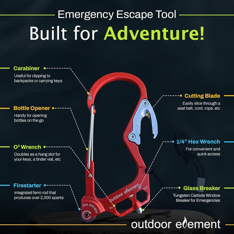 OUTDOOR ELEMENT Fire Escape, Emergency Escape Tool, Seatbelt Cutter, Window Breaker, Multi Tool, Fire Starter, Carabiner, and Much More - Image 3
