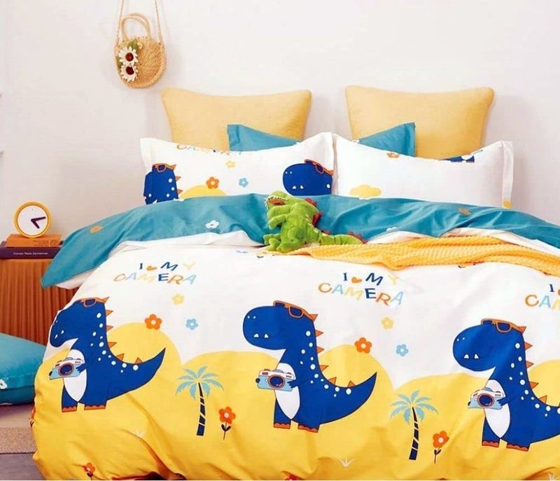 BhaiJi Bedsheet 180 TC Kids Cartoon Print Bed Sheet Double Bed Queen Size with 2 Pillow Covers Yellow Dinosaur - Image 1