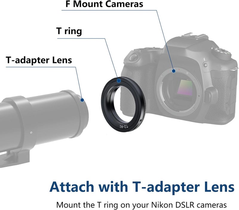 Lightdow T/T2 Mount Lens Adapter Ring for Nikon D5500 D3300 D3200 D5300 D3400 D7200 D750 D3500 D7500 D500 D600 D610 D700 D800 D810 D850 D3100 D5100 D5200 D5600 D7000 D7100 - Image 3