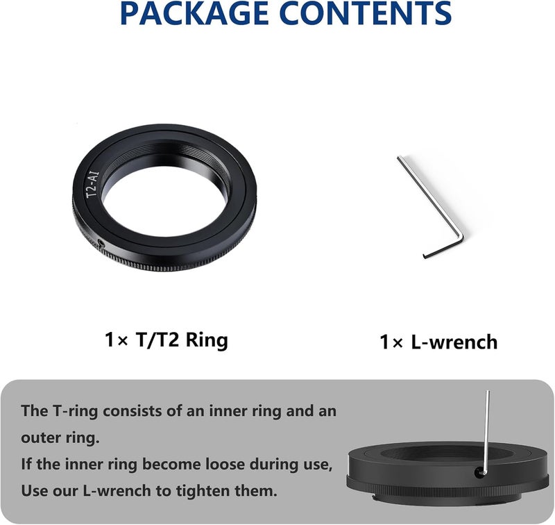 Lightdow T/T2 Mount Lens Adapter Ring for Nikon D5500 D3300 D3200 D5300 D3400 D7200 D750 D3500 D7500 D500 D600 D610 D700 D800 D810 D850 D3100 D5100 D5200 D5600 D7000 D7100 - Image 4