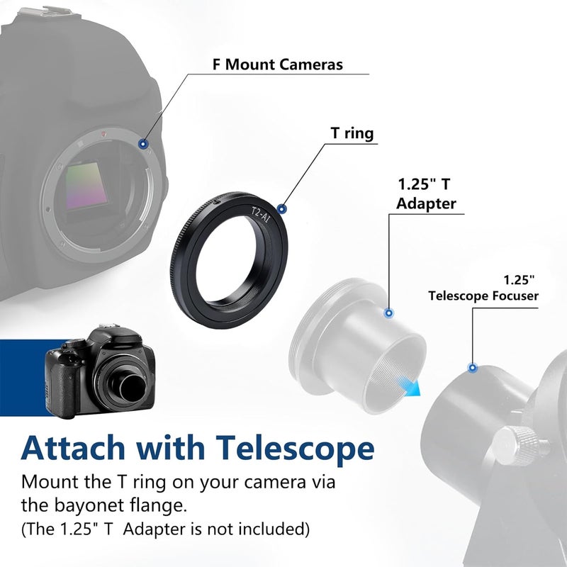 Lightdow T/T2 Mount Lens Adapter Ring for Nikon D5500 D3300 D3200 D5300 D3400 D7200 D750 D3500 D7500 D500 D600 D610 D700 D800 D810 D850 D3100 D5100 D5200 D5600 D7000 D7100 - Image 2