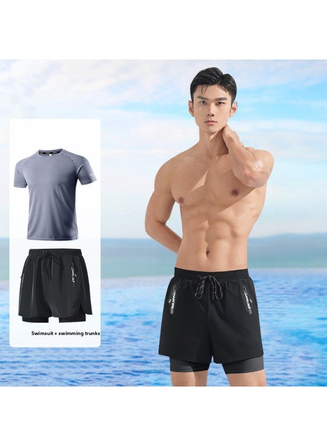 إسكدنيا بدلة سباحة رجالية بطبقة مزدوجة مضادة للإحراج، مقاس كبير، فضفاضة احترافية، واقي من الشمس، ربيع حار، كامل الجسم للرجال، بدلة سباحة - اللون: 514 بدلة سباحة + سروال سباحة أسود 【قطعتين】】 - - Image 1