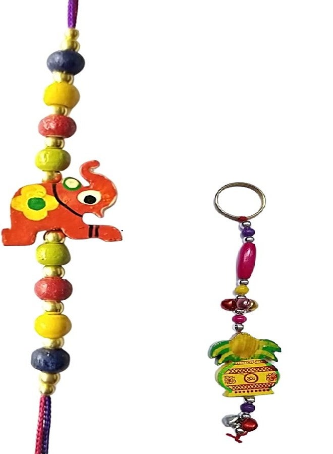 KRISHNA Rakhi for brother bhaiya kids designer for rakshabandhan with wooden Red color elephant rakhi and Wooden yellow Color kalash Key chain as Gift