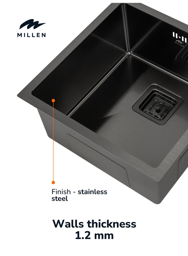 MILLEN Premium Handmade Undermount Single Bowl Sink – 304 Stainless Steel, Soundproof, Gun metal Finish - MS454522GM - Image 3