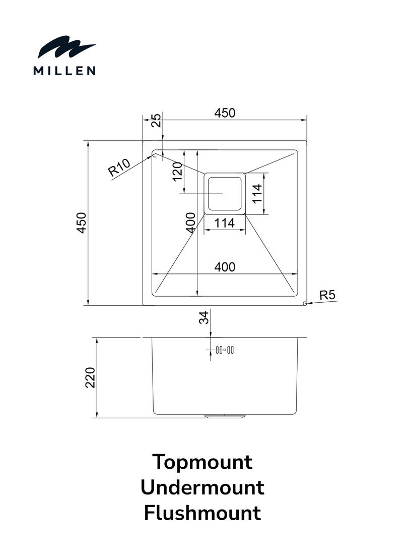 ميلين حوض غسيل فردي فاخر مصنوع يدويًا، مثبت أسفله، مثبت في الأعلى - من الفولاذ المقاوم للصدأ 304، عازل للصوت، لمسة نهائية بلون معدني - MS454522GM - Image 5