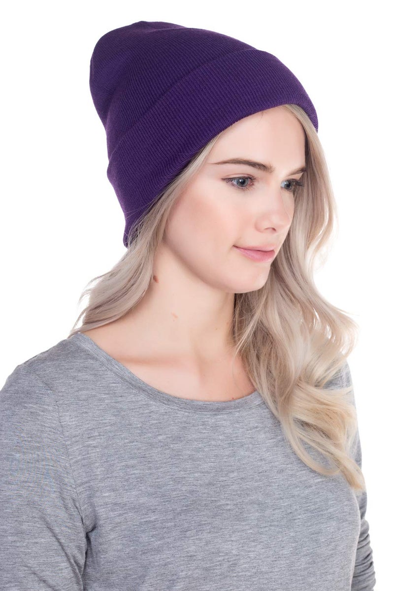Top Level Unisex Cuffed Plain Skull Beanie Toboggan Knit Hat/Cap, Purple - Image 3