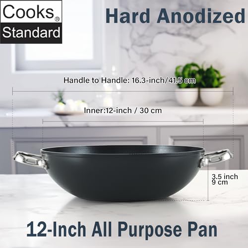 Cooks Standard Everyday Pan with Glass Lid, Chef's Pan 12-Inch Hard Anodized Nonstick All Purpose Pan 5-Quart Wok Stir Fry Pan, Black - Image 2