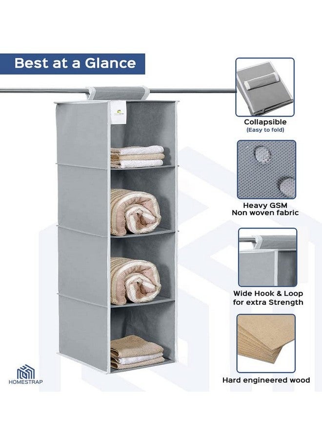 Homestrap Non Woven Hanging 4 Shelves Wardrobe/Closet Cloth Organizer (Grey)|(Pack of 2) - Image 4