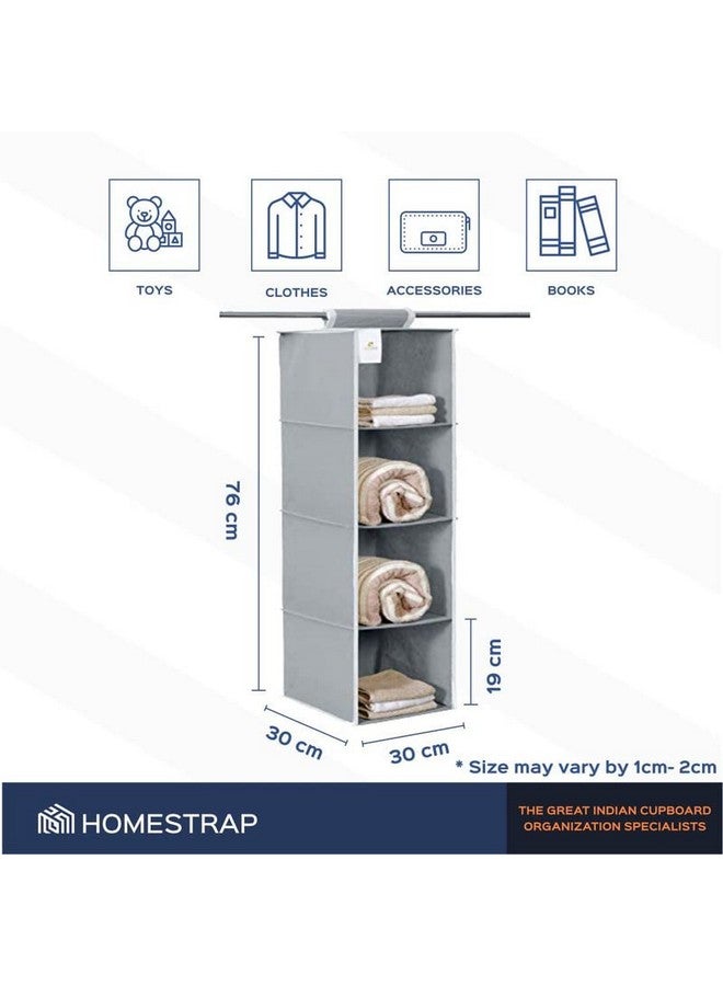Homestrap Non Woven Hanging 4 Shelves Wardrobe/Closet Cloth Organizer (Grey)|(Pack of 2) - Image 3