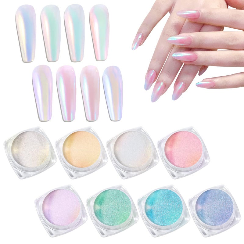 Laza Mermaid Pearl Chrome Nail Powder 8 Colors Metallic Mirror Effect Pigment Iridescent Aurora Nail Glitter Dust Kit for Gel Nail Art Decoration Resin Craft Gifts  Sweet Candy