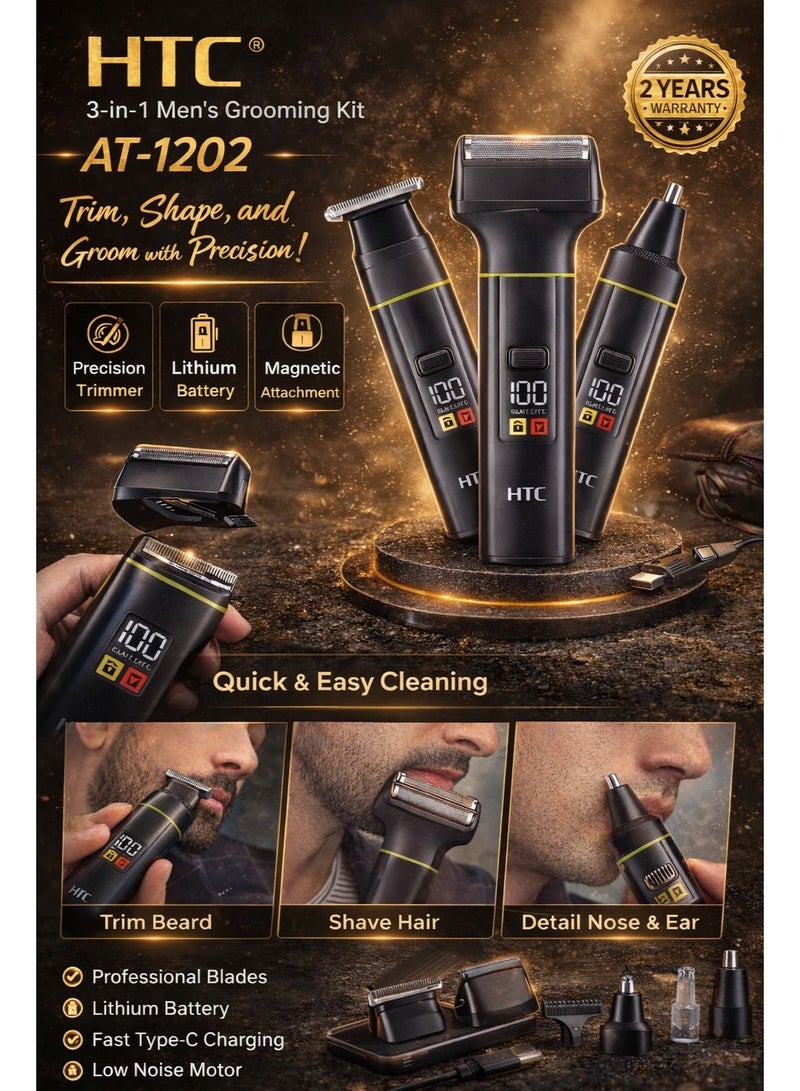 إتش تي سي طقم العناية الرجالي HTC AT-1202 3 في 1 – ماكينة حلاقة وتشذيب اللحية والأنف برؤوس مغناطيسية وشحن سريع Type-C - Image 2