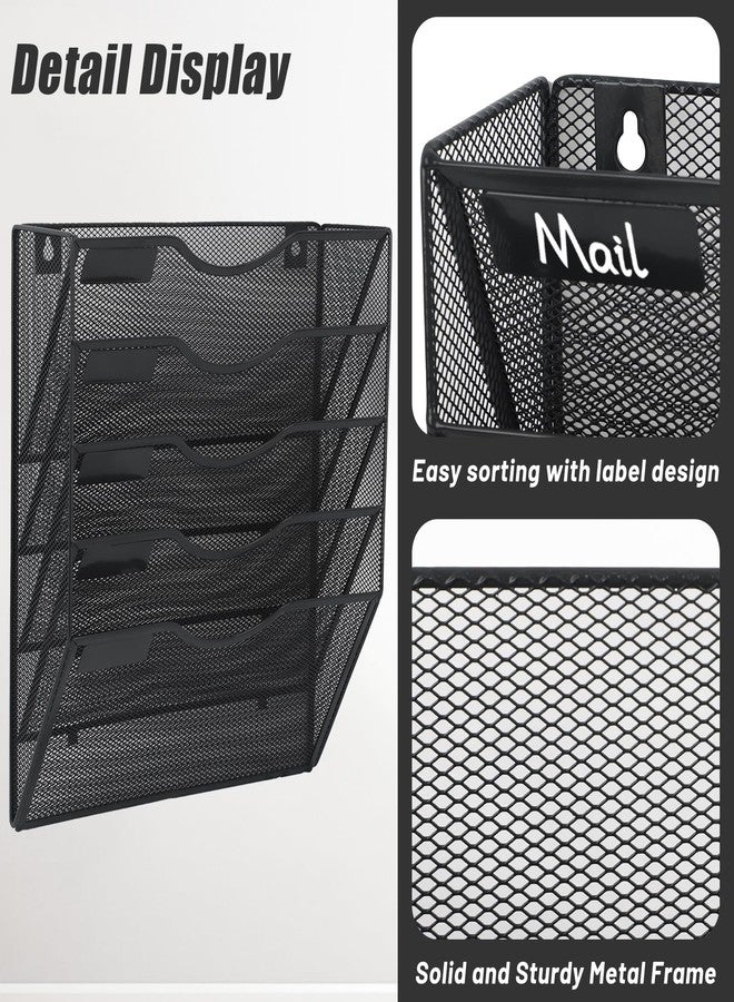 EASEPRES 5 Pocket Mesh Hanging Wall File Organizer, Wall Mounted Mail Paper Document Folder Holder, Clipboard Storage Organization Magazine Rack with Nametag Label for Office Home School, Black - Image 3