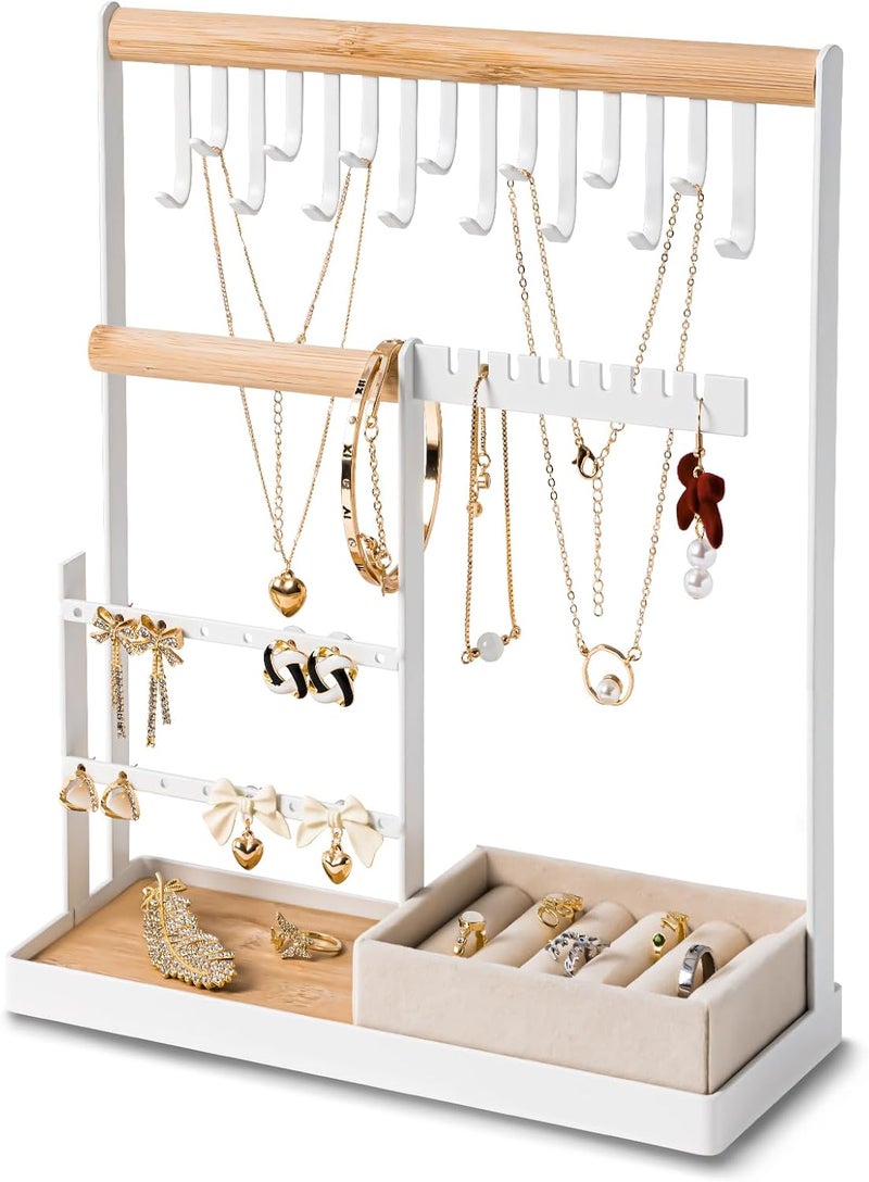 DreamGenius Jewelry Organizer Stand with Velvet Ring Holder - 4 Tier Jewelry Holder with 15 Hooks for Necklaces and 16 Holes for Earrings, White - Image 1