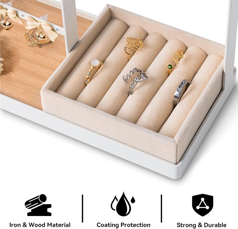 DreamGenius Jewelry Organizer Stand with Velvet Ring Holder - 4 Tier Jewelry Holder with 15 Hooks for Necklaces and 16 Holes for Earrings, White - Image 4