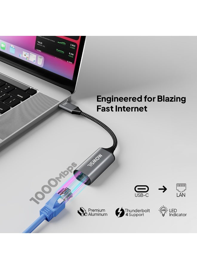 Mowsil USB-C to Ethernet Adapter Gigabit, Type-C to RJ45 LAN Adapter, Thunderbolt 3/4,1000Mbps - Image 4