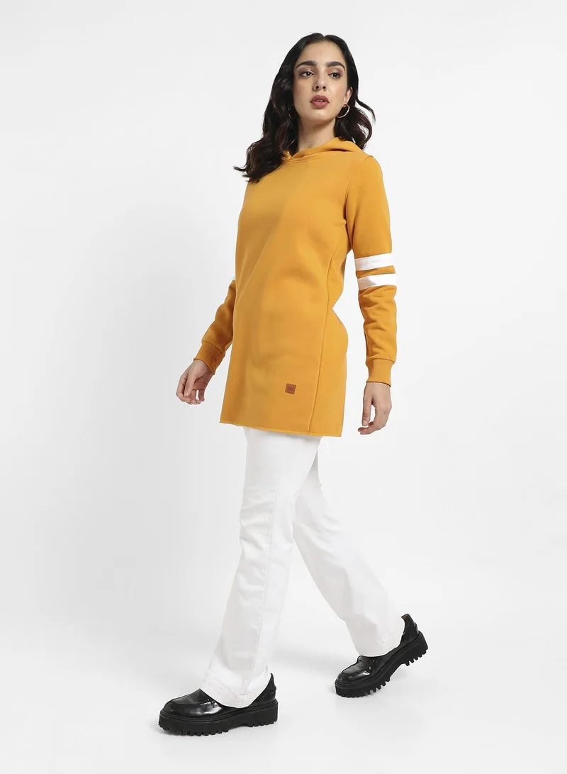 Pinacolada  Women's Mustard Yellow Pullover Hoodie With Contrast Stripe Sleeves for Women | Best Price UAE