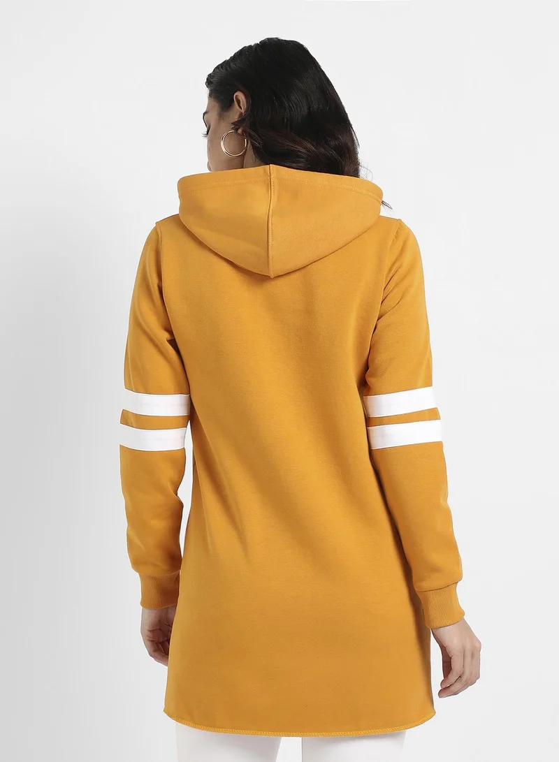 Pinacolada  Women's Mustard Yellow Pullover Hoodie With Contrast Stripe Sleeves for Women | Best Price UAE