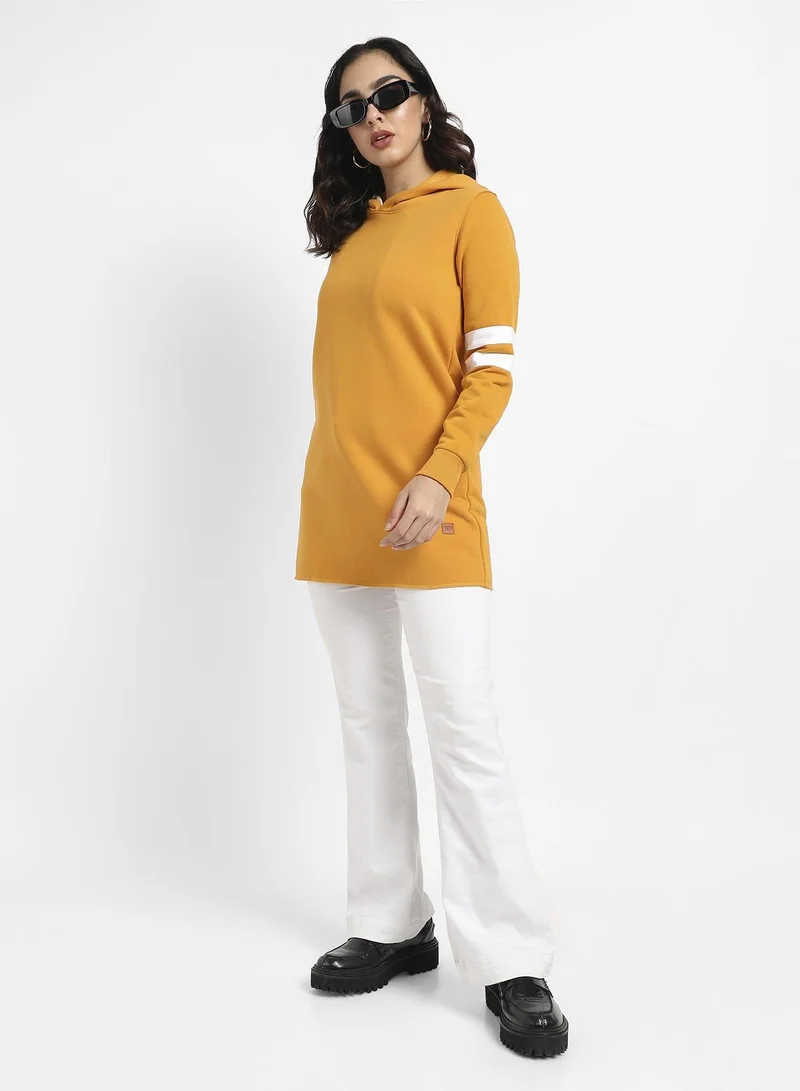 Pinacolada  Women's Mustard Yellow Pullover Hoodie With Contrast Stripe Sleeves for Women | Best Price UAE