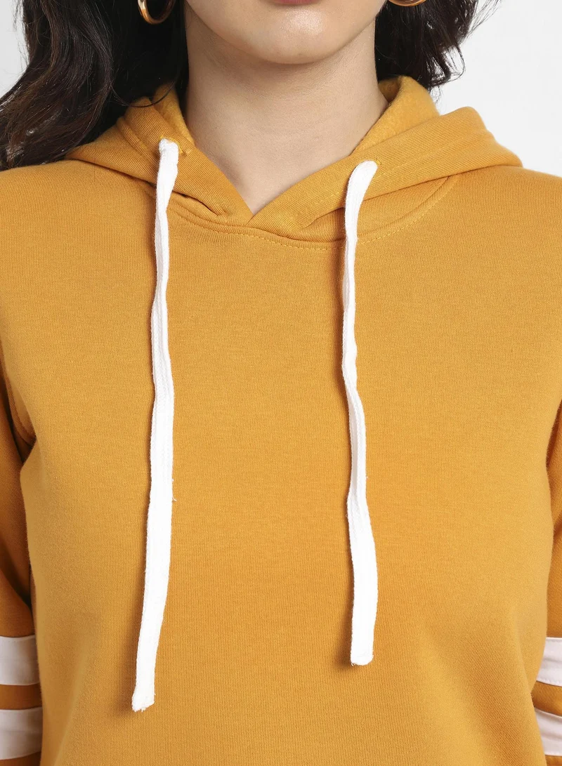 Pinacolada  Women's Mustard Yellow Pullover Hoodie With Contrast Stripe Sleeves for Women | Best Price UAE