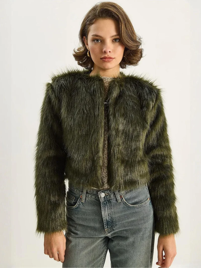 Bianco Lucci Emerald Green LUCCI Boxy Crop Faux Fur Coat for Women | Best Price UAE
