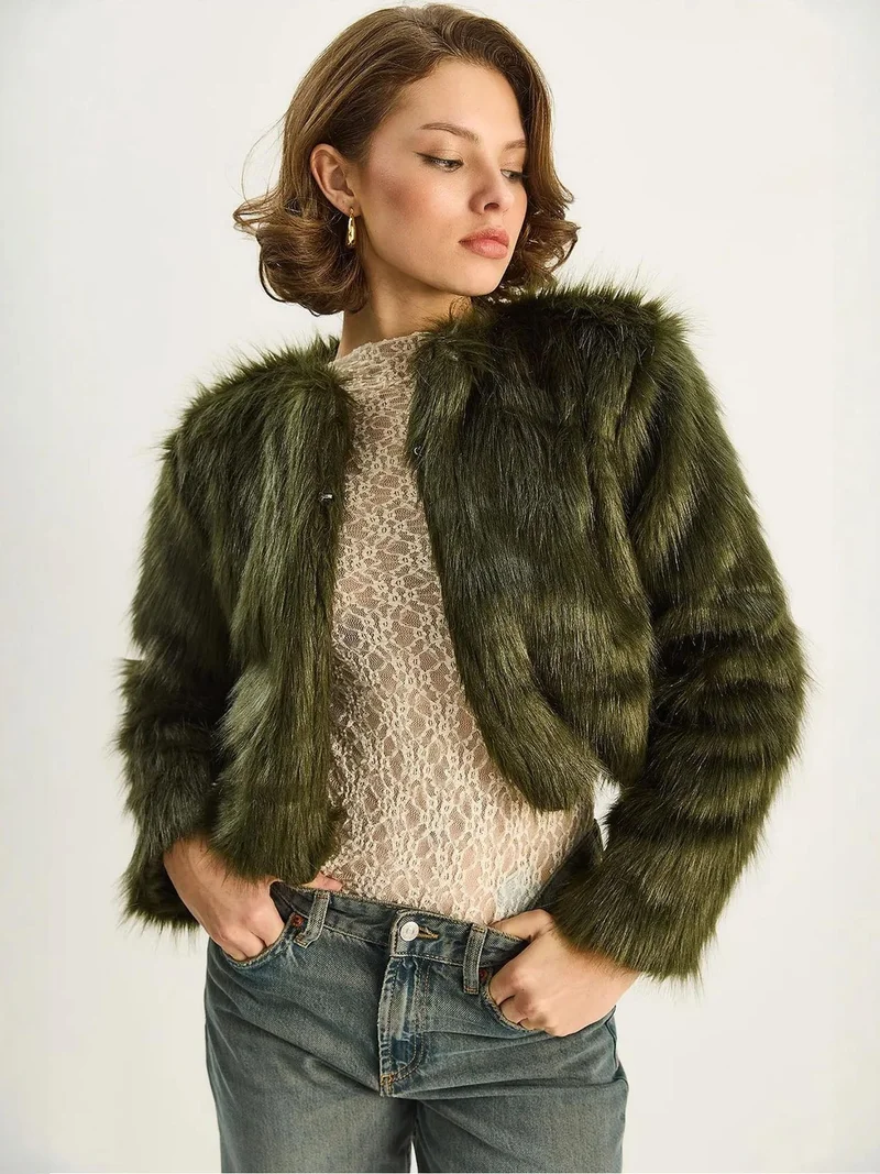 Bianco Lucci Emerald Green LUCCI Boxy Crop Faux Fur Coat for Women | Best Price UAE