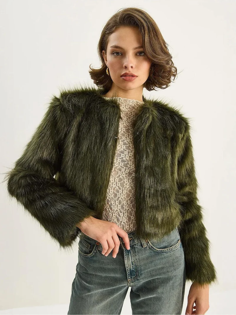 Bianco Lucci Emerald Green LUCCI Boxy Crop Faux Fur Coat for Women | Best Price UAE