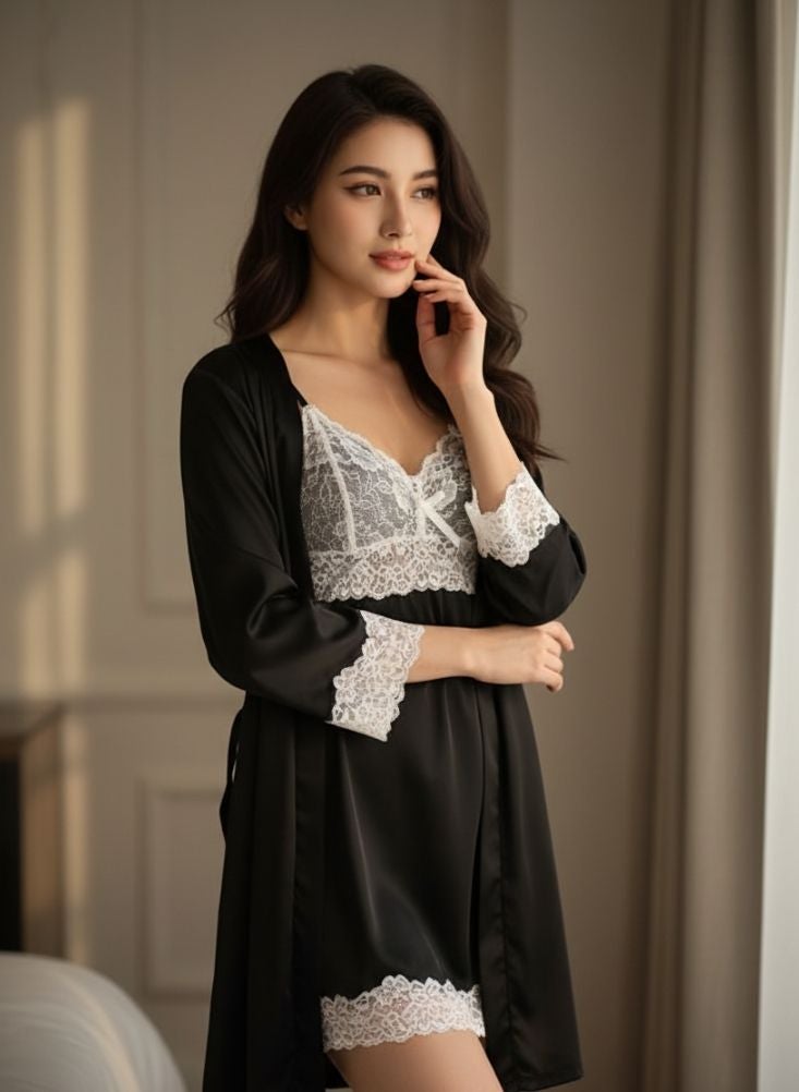 Cute Black Lace Nightdress with Matching Robe for Women – Soft Flowing Fabric, Adjustable Straps, Elegant Sleepwear & Lounge Wear - Image 3