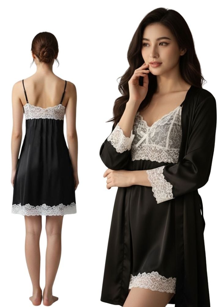 Cute Black Lace Nightdress with Matching Robe for Women – Soft Flowing Fabric, Adjustable Straps, Elegant Sleepwear & Lounge Wear - Image 1