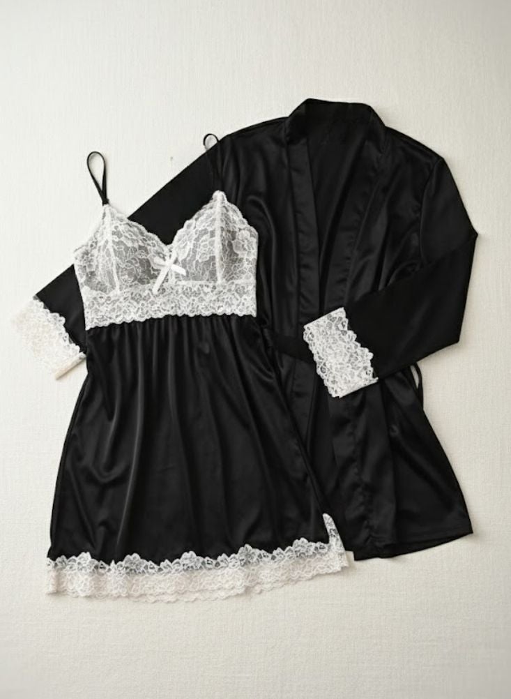 Cute Black Lace Nightdress with Matching Robe for Women – Soft Flowing Fabric, Adjustable Straps, Elegant Sleepwear & Lounge Wear - Image 2
